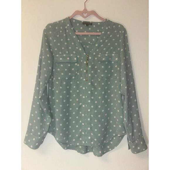 Express Tops - Express Shirt Womens Size xs Green Polka Dot Roll Tab Sleeve Button Front Preppy